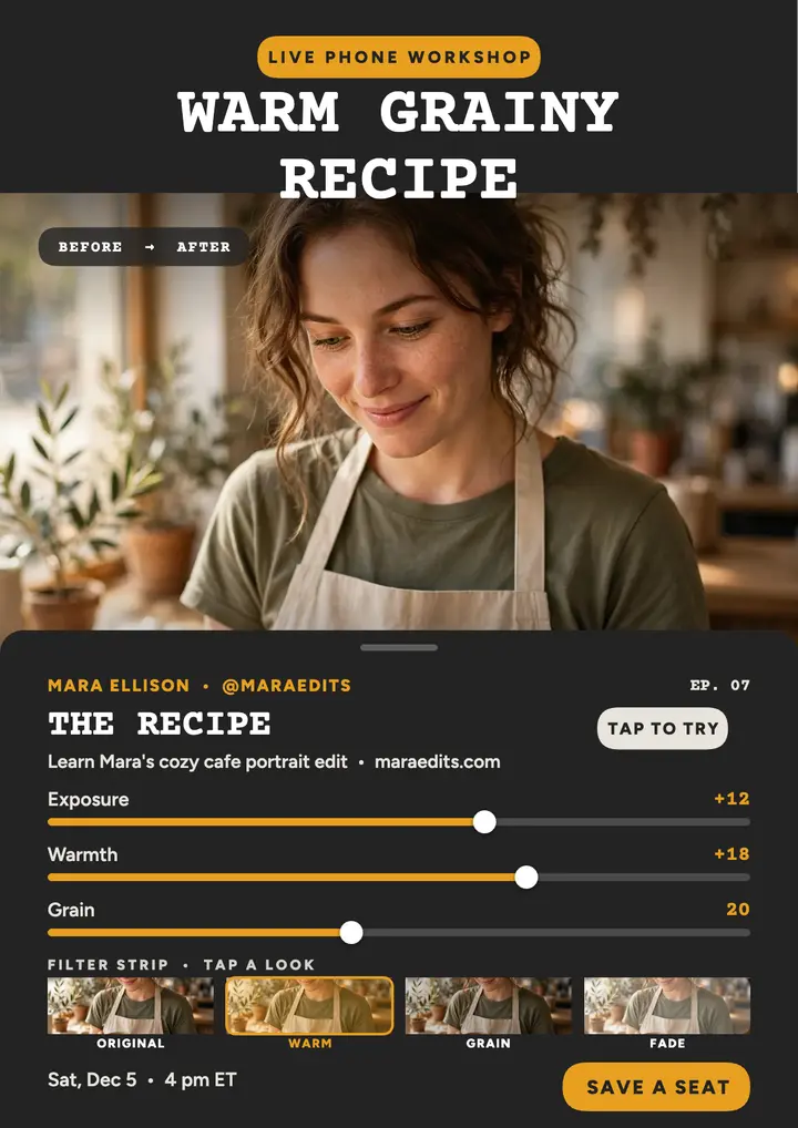 Warm grainy recipe workshop flyer: photo editing workshop flyer template