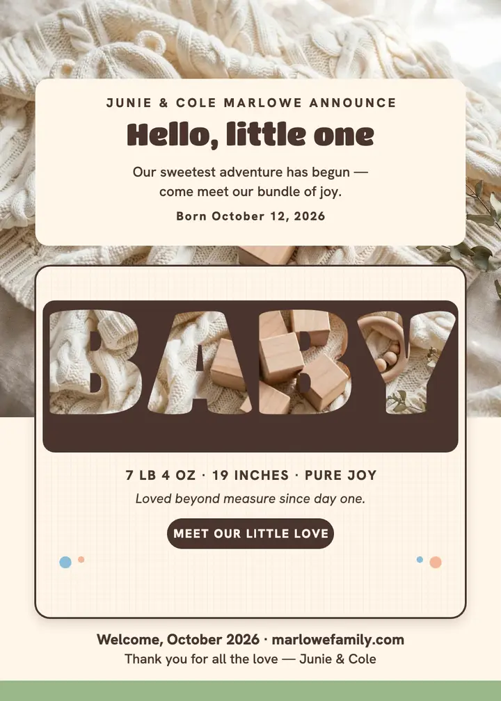 Marlowe baby announcement with photo letters template