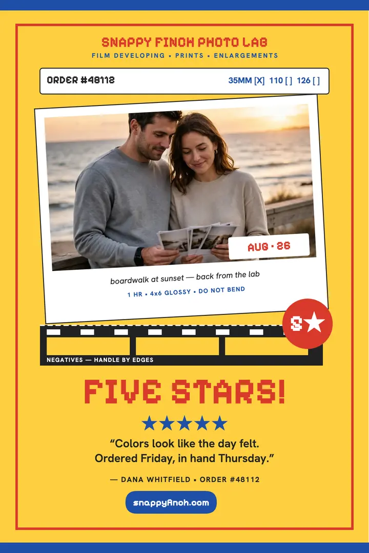 Snappy Finch print review envelope poster: photo print review poster template