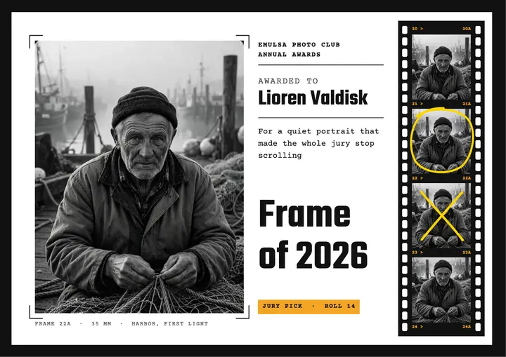 Frame of 2026 photographer award certificate, contact sheet template