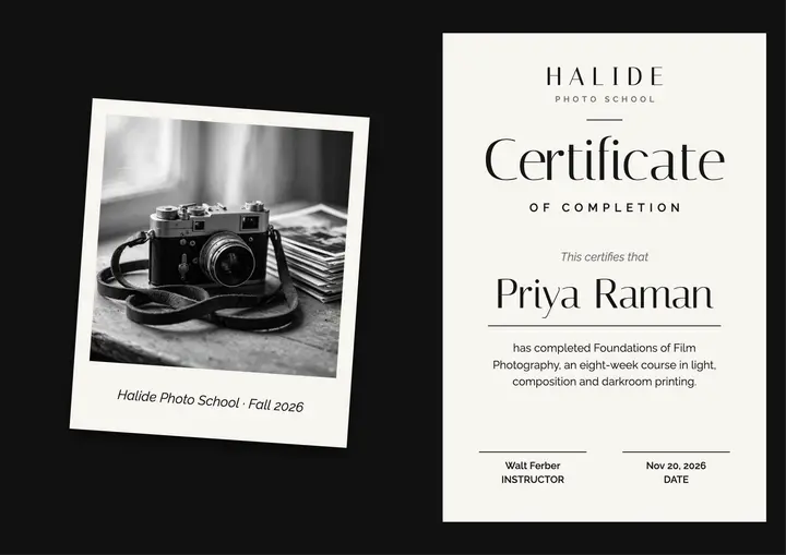 Photography course certificate template