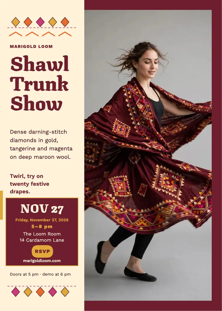 Marigold Loom shawl trunk show invite: shawl trunk show invitation template