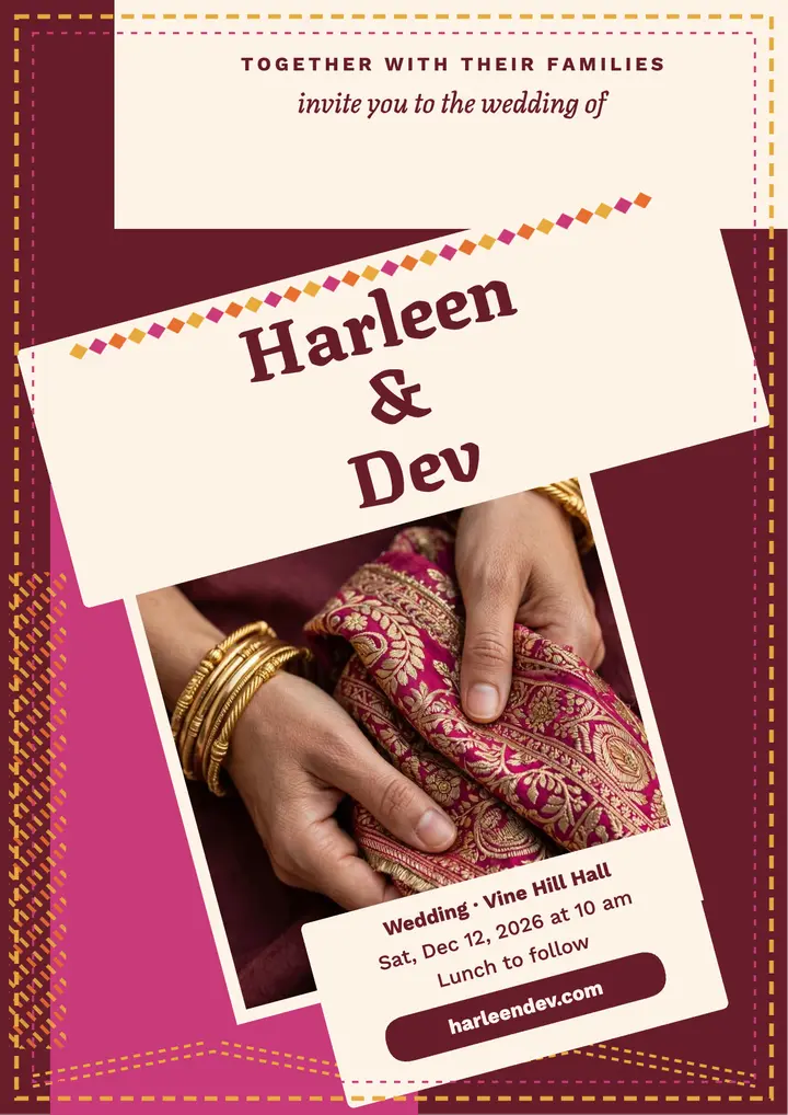 Harleen and Dev phulkari invitation: punjabi wedding invitation template