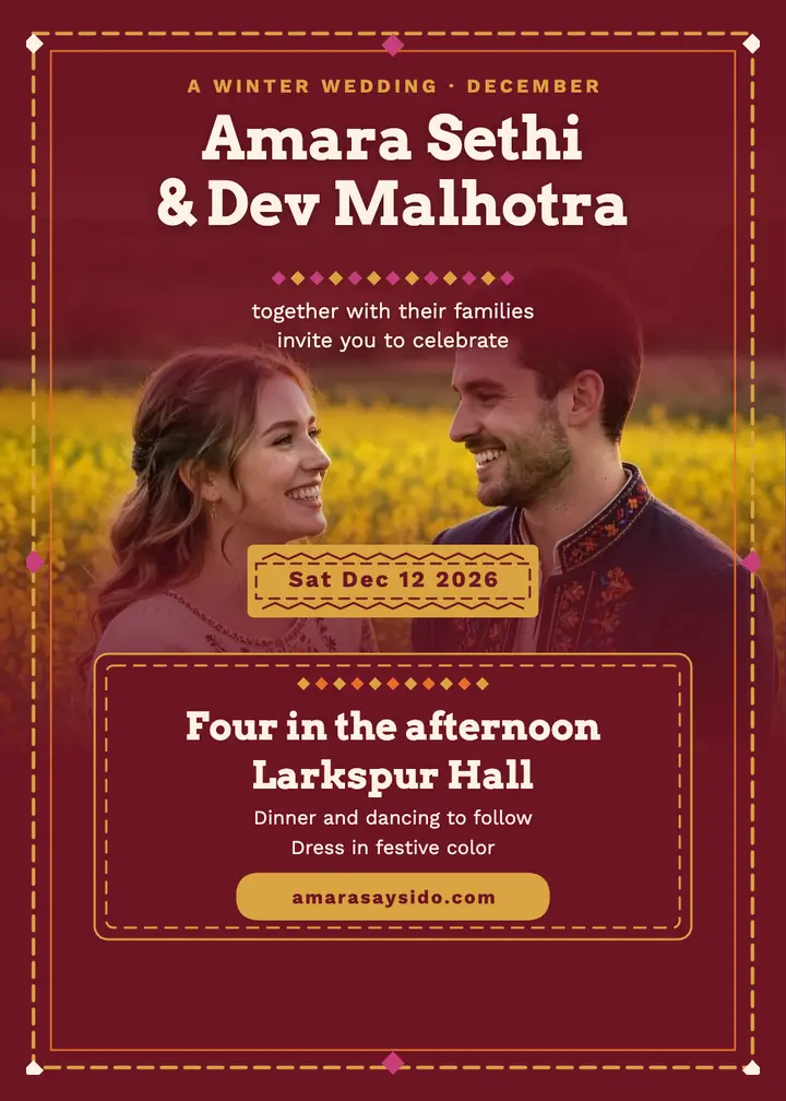 Amara and Dev winter phulkari invitation: winter wedding invitation template