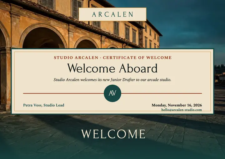 Studio Arcalen welcome aboard certificate template