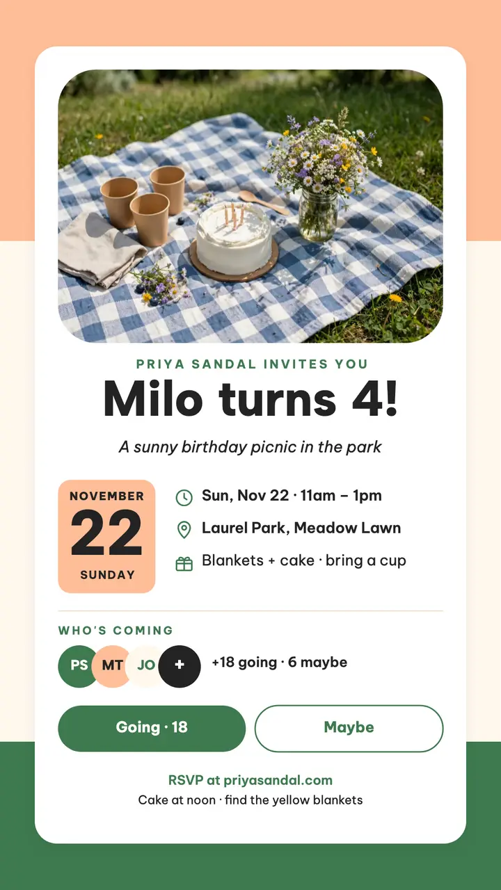 Milo birthday picnic invite story template