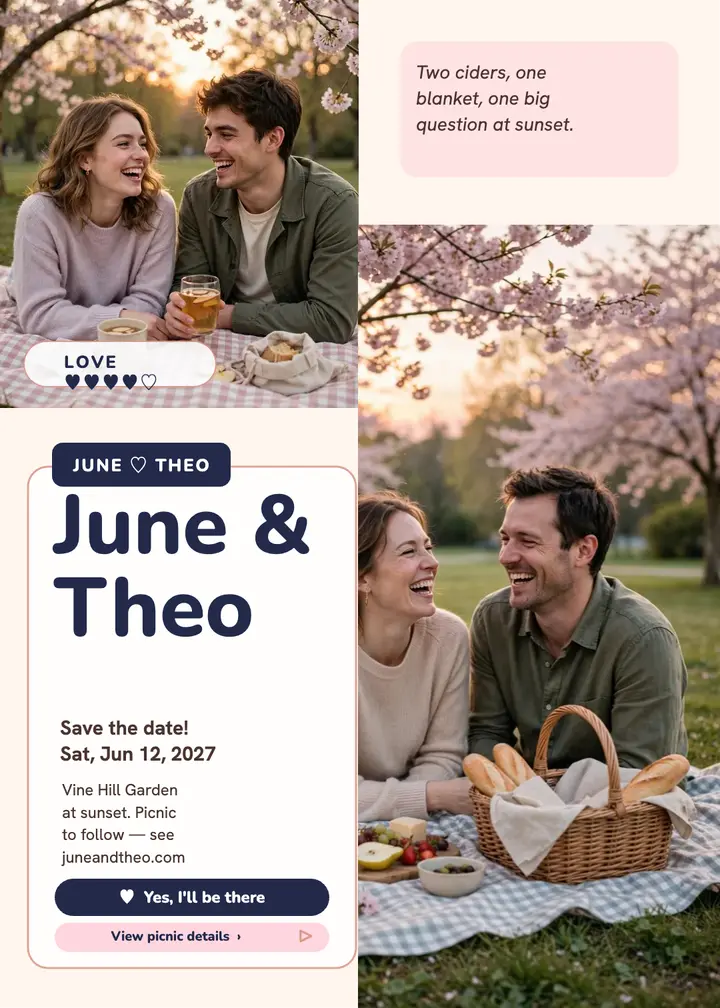 June and Theo picnic meet-cute save the date template