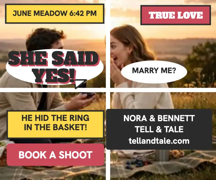 Nora and Bennett picnic proposal comic ad: proposal comic ad template