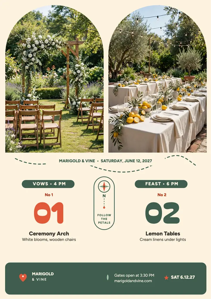 Marigold and Vine wedding day map flyer: wedding map flyer template