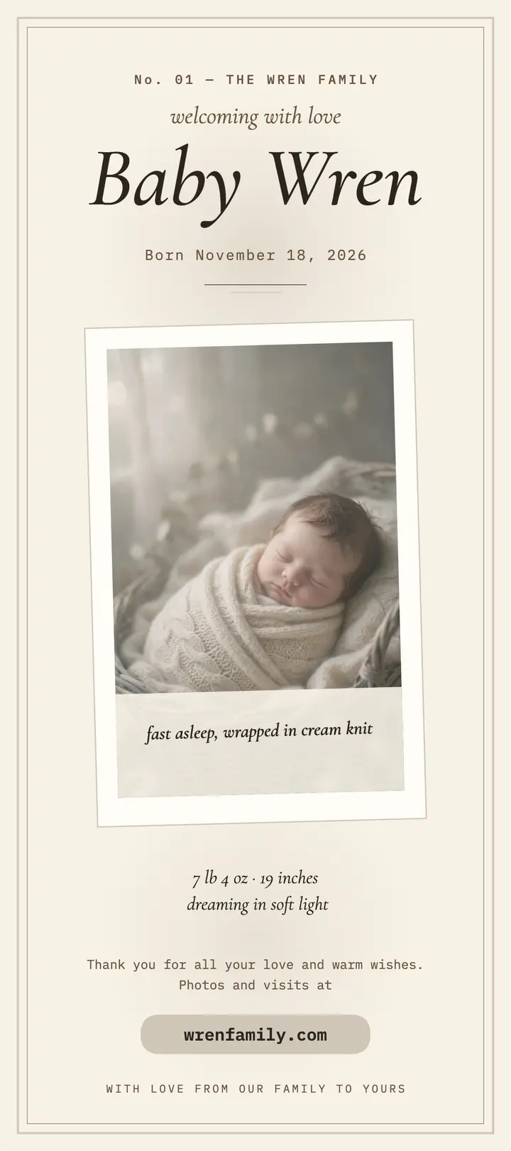 Baby Wren soft focus announcement template