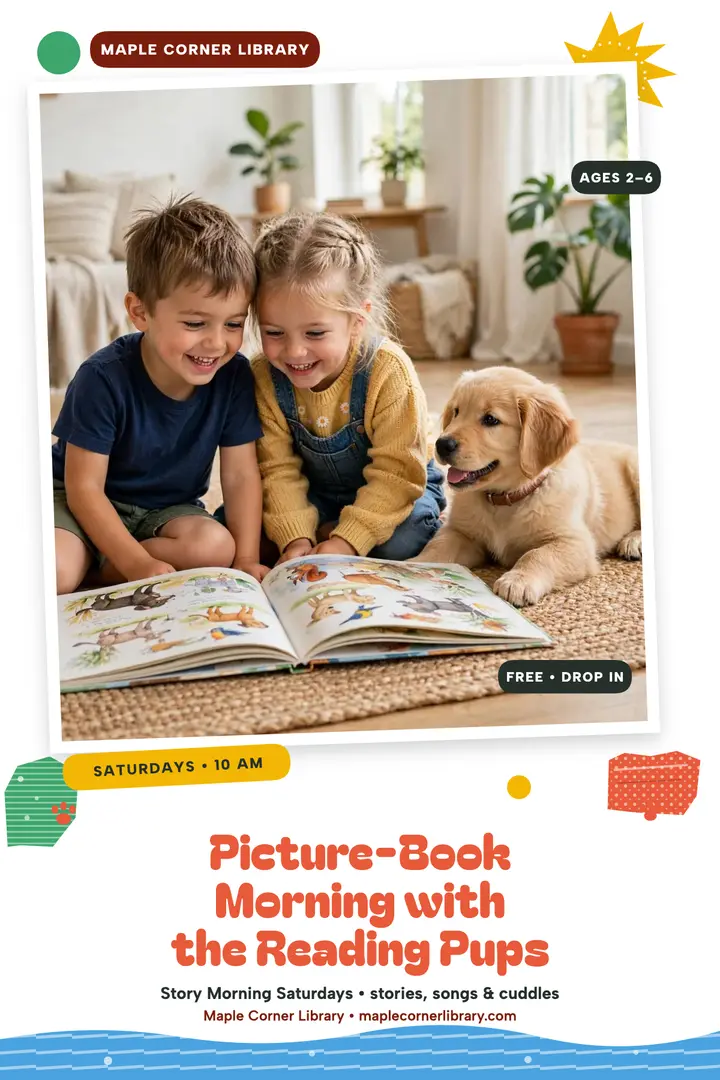 Picture-book morning poster, reading pups: picture book morning poster template