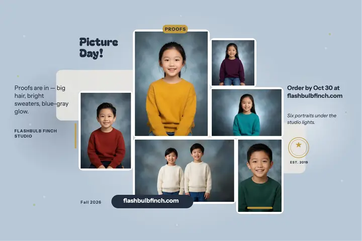 Flashbulb Finch fall picture day proofs: picture day proofs postcard template