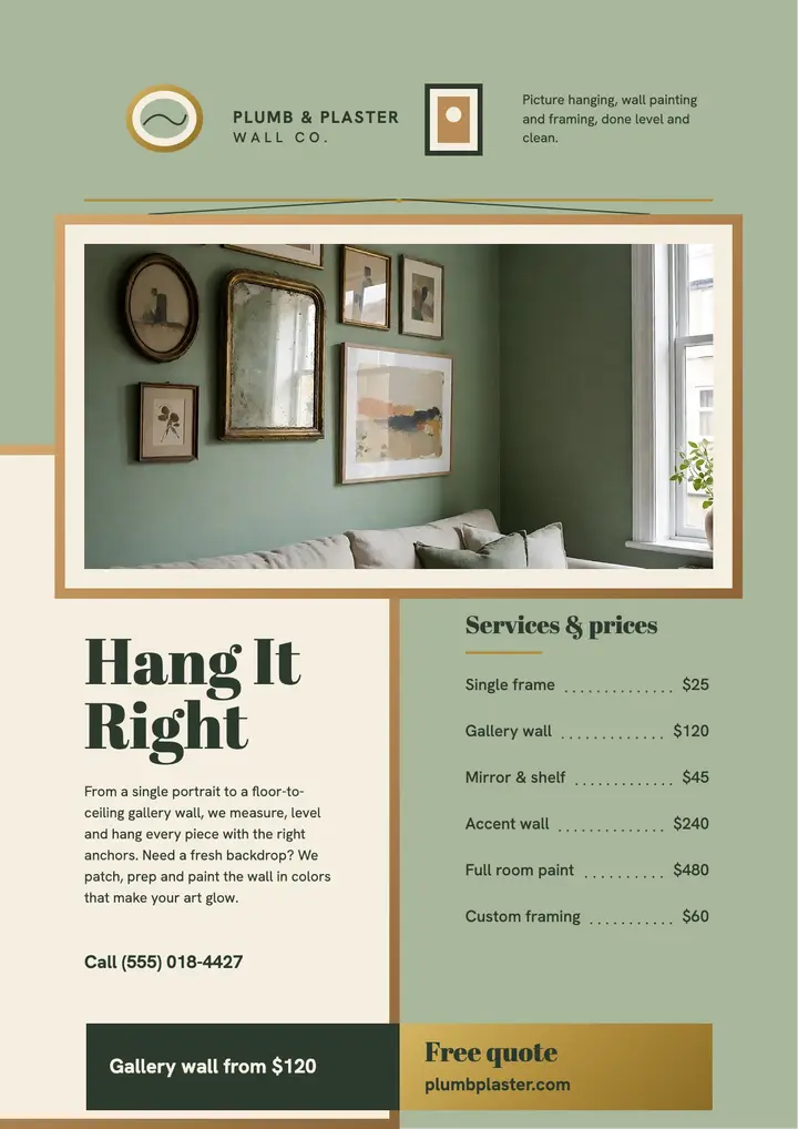 Plumb & Plaster picture hanging and wall painting flyer template
