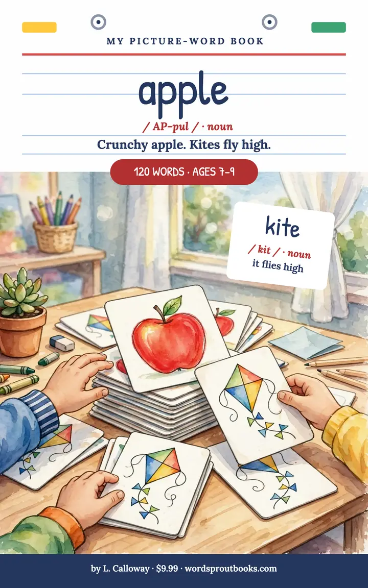 Picture-word vocab book cover, apple and kite template