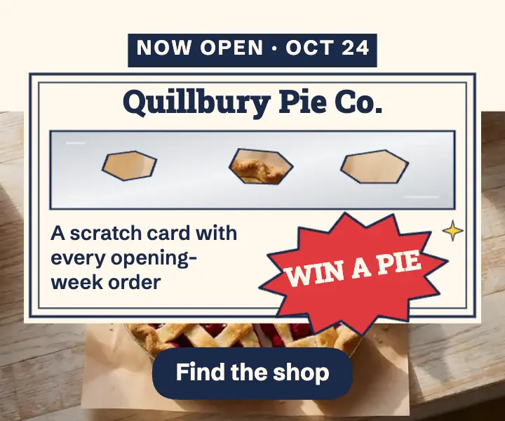 Quillbury Pie opening week scratch card: pie shop opening ad template