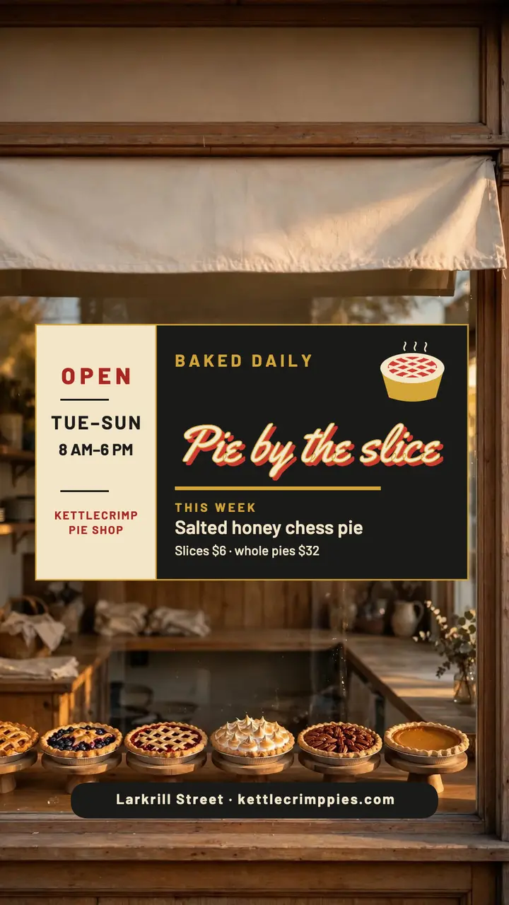 Kettlecrimp pie shop window sign story template
