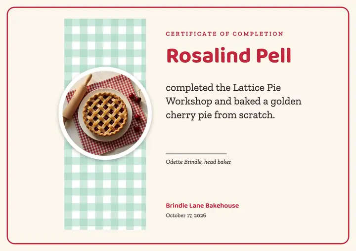 Pie baking workshop certificate, heritage check: baking workshop certificate template