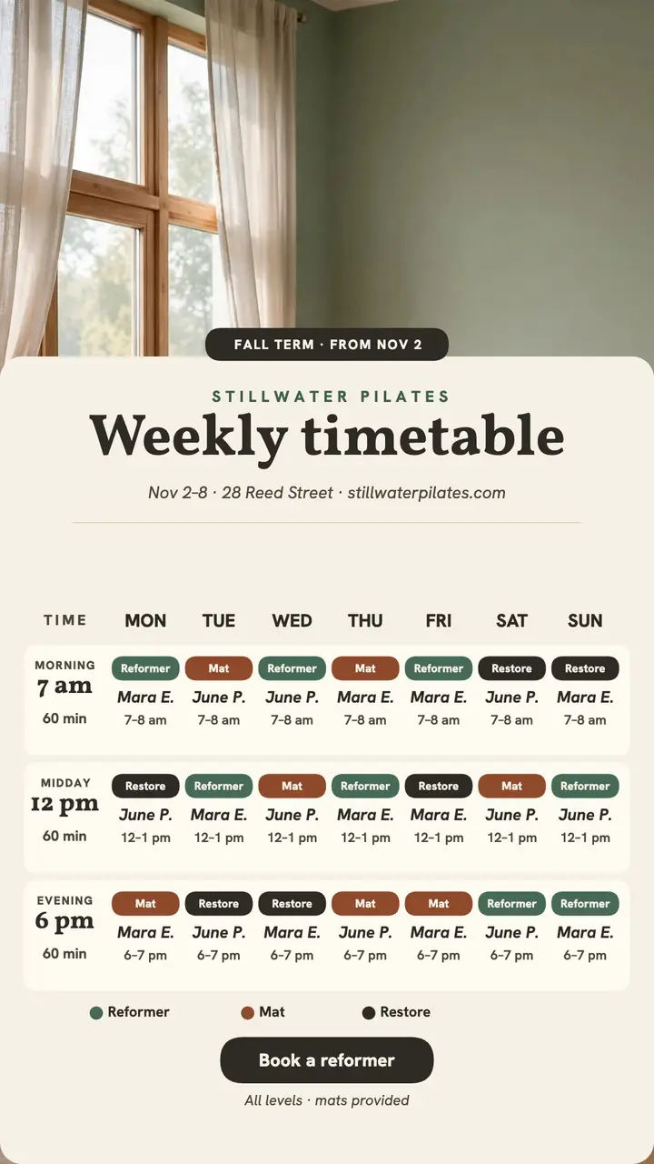 Stillwater Pilates weekly timetable story template