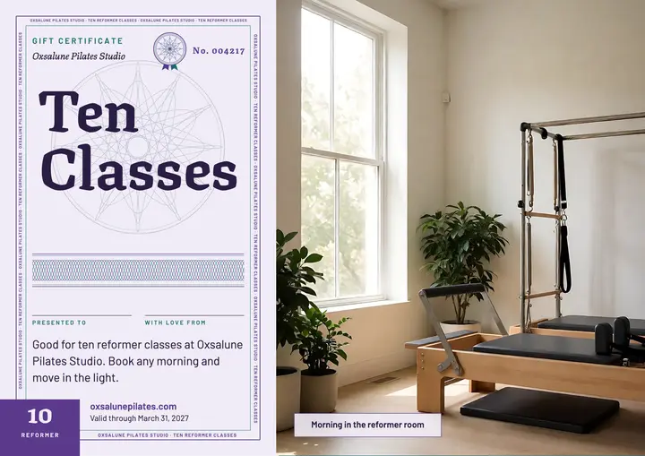 Oxsalune Pilates Studio gift certificate, banknote guilloche template