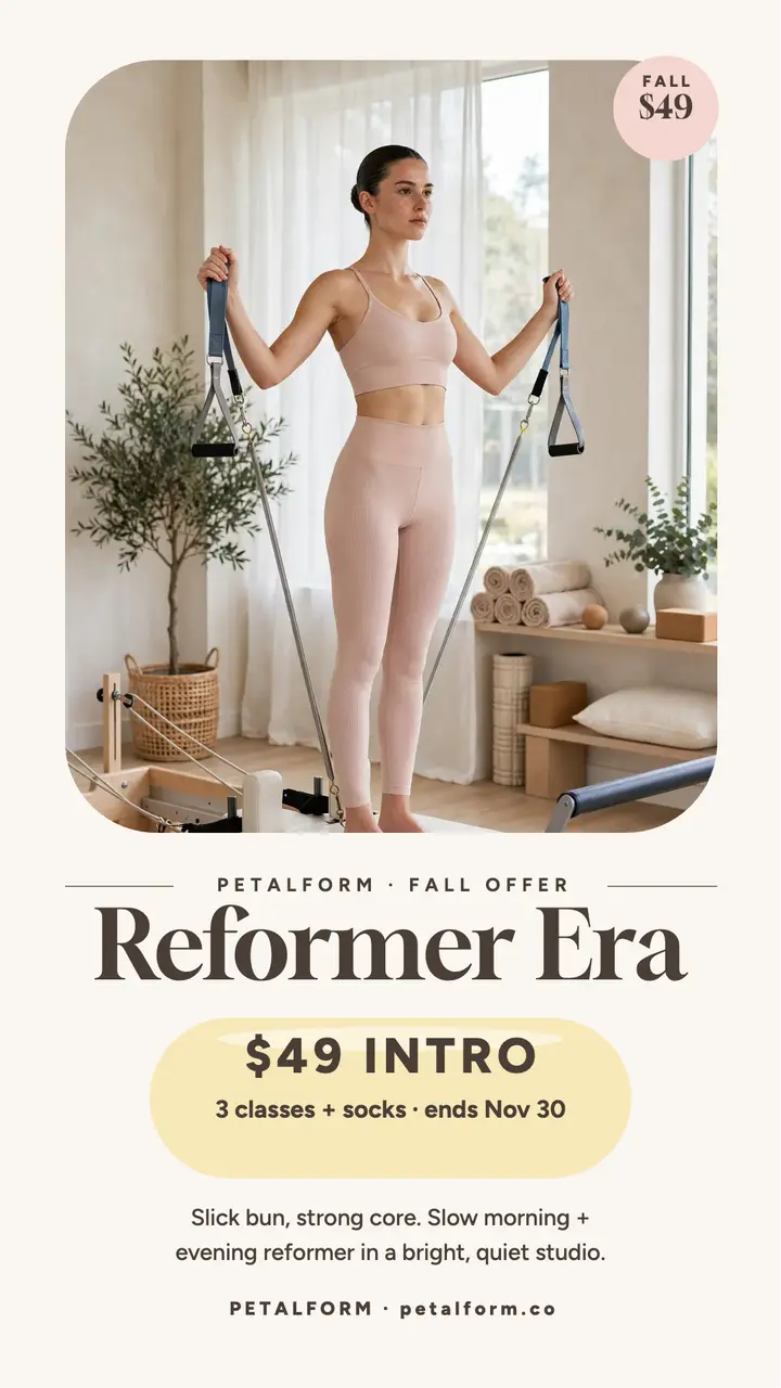 Petalform fall reformer offer story: pilates studio story template