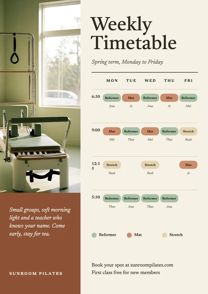 Sunroom Pilates weekly timetable template