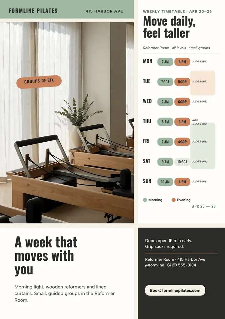 Formline Pilates weekly timetable flyer template