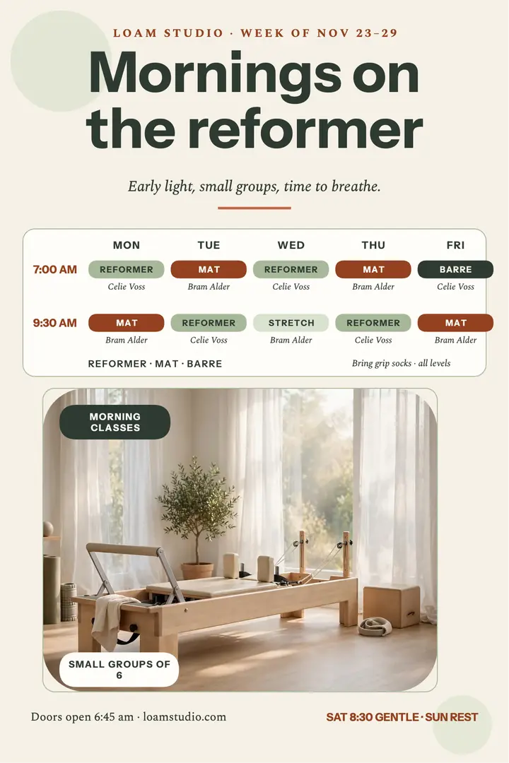 Loam Studio pilates week timetable template