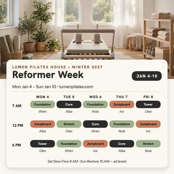 Lumen Pilates House reformer week timetable template