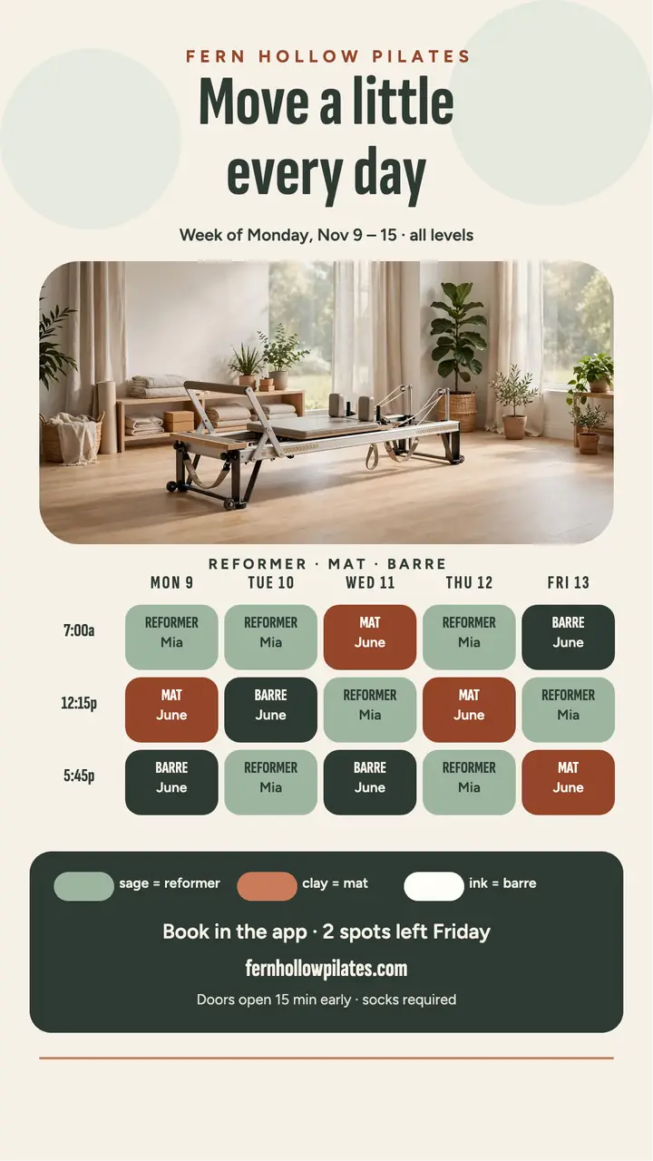 Fern Hollow Pilates weekly timetable story: pilates timetable template
