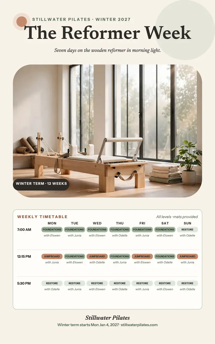 Stillwater Pilates reformer week timetable: pilates timetable ebook template