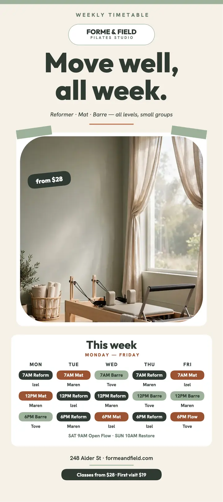 Forme and Field weekly timetable card: pilates timetable template