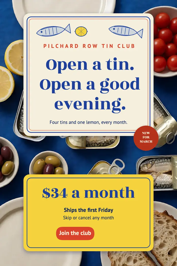 Tinned fish club poster: tinned fish club poster template