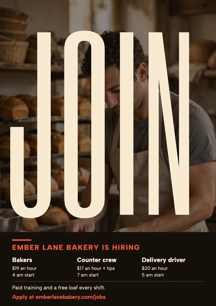 Pillar letters JOIN bakery hiring flyer template