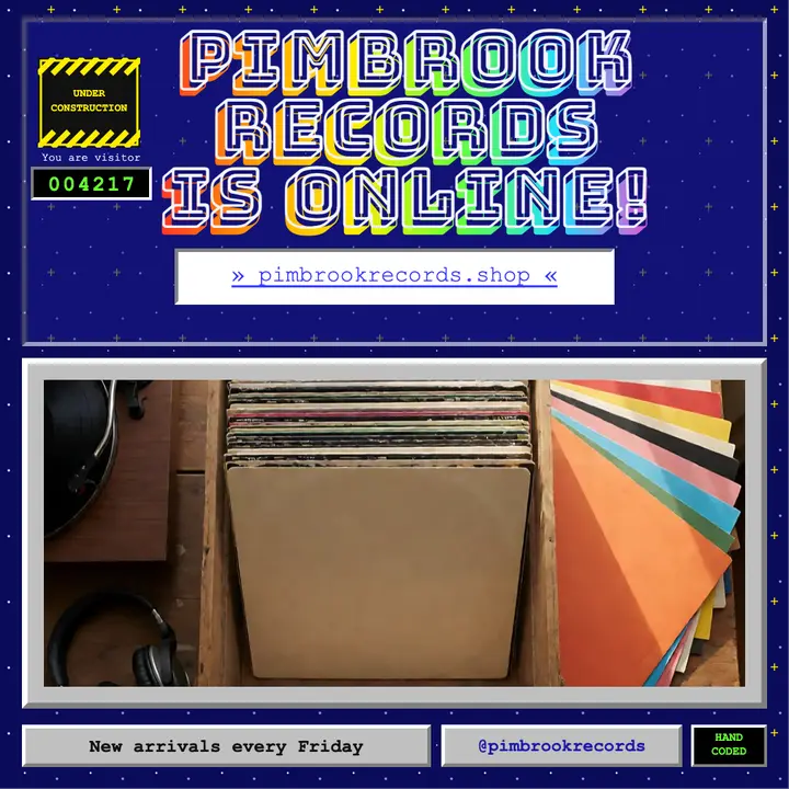 Pimbrook Records online store launch, 90s homepage post template