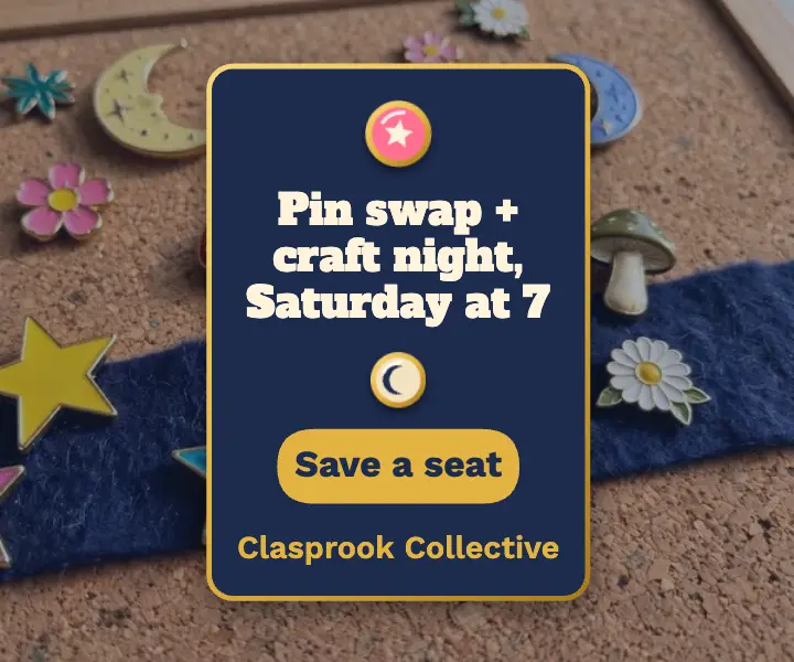 Pin swap and craft night banner ad, Clasprook Collective: pin swap event ad template