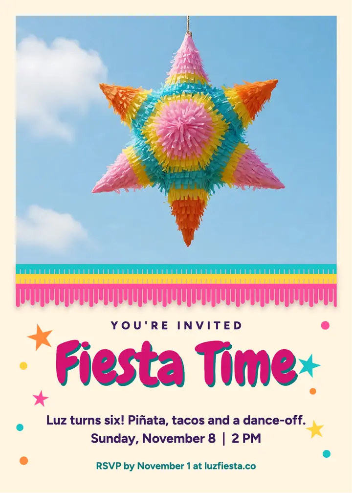 Luz turns six fiesta invitation: kids birthday party invitation template