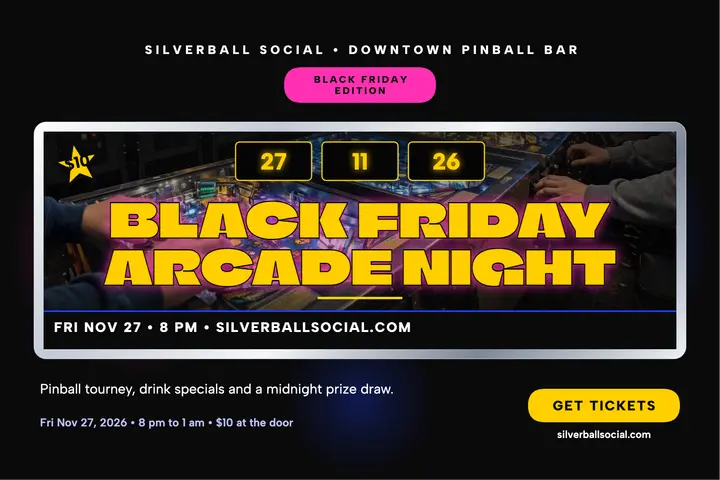 Silverball Social Black Friday arcade night postcard template
