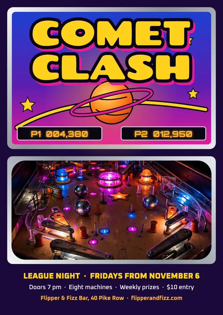 Comet Clash pinball league flyer: pinball league flyer template