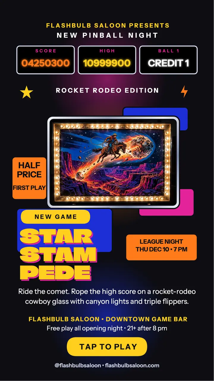 Flashbulb Saloon pinball night launch story template