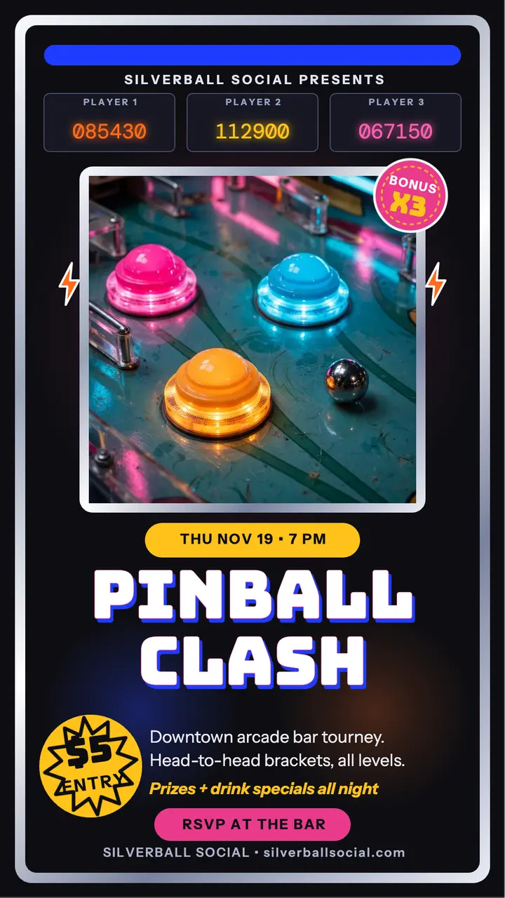 Silverball Social pinball tourney night story template