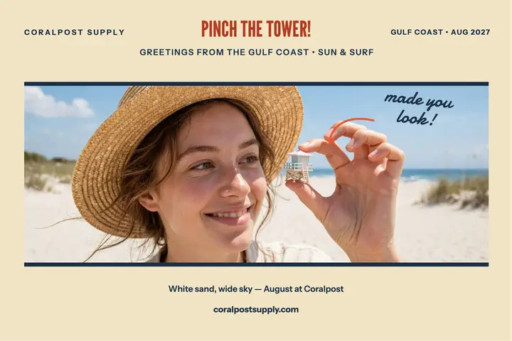Pinching the lifeguard tower beach postcard template
