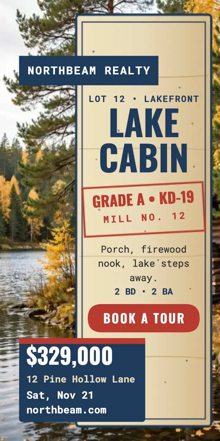 Northbeam lake cabin stamp ad: cabin listing ad template