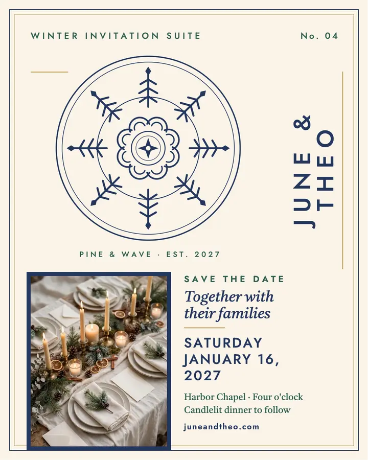 Pine crest winter wedding post for June and Theo template