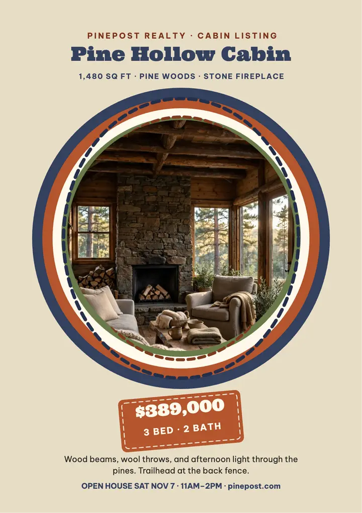 Pinepost cabin rug listing flyer template