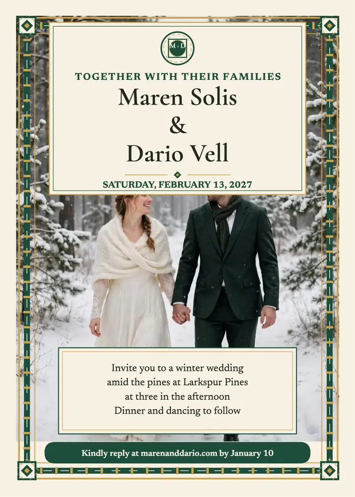 Maren and Dario pine knot winter invitation: winter wedding invitation template