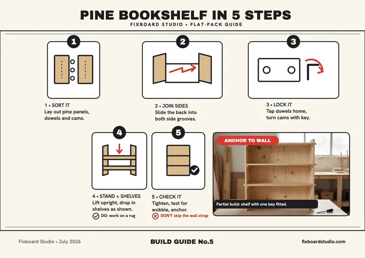 Fixboard pine shelf 5-step build guide: bookshelf assembly guide template