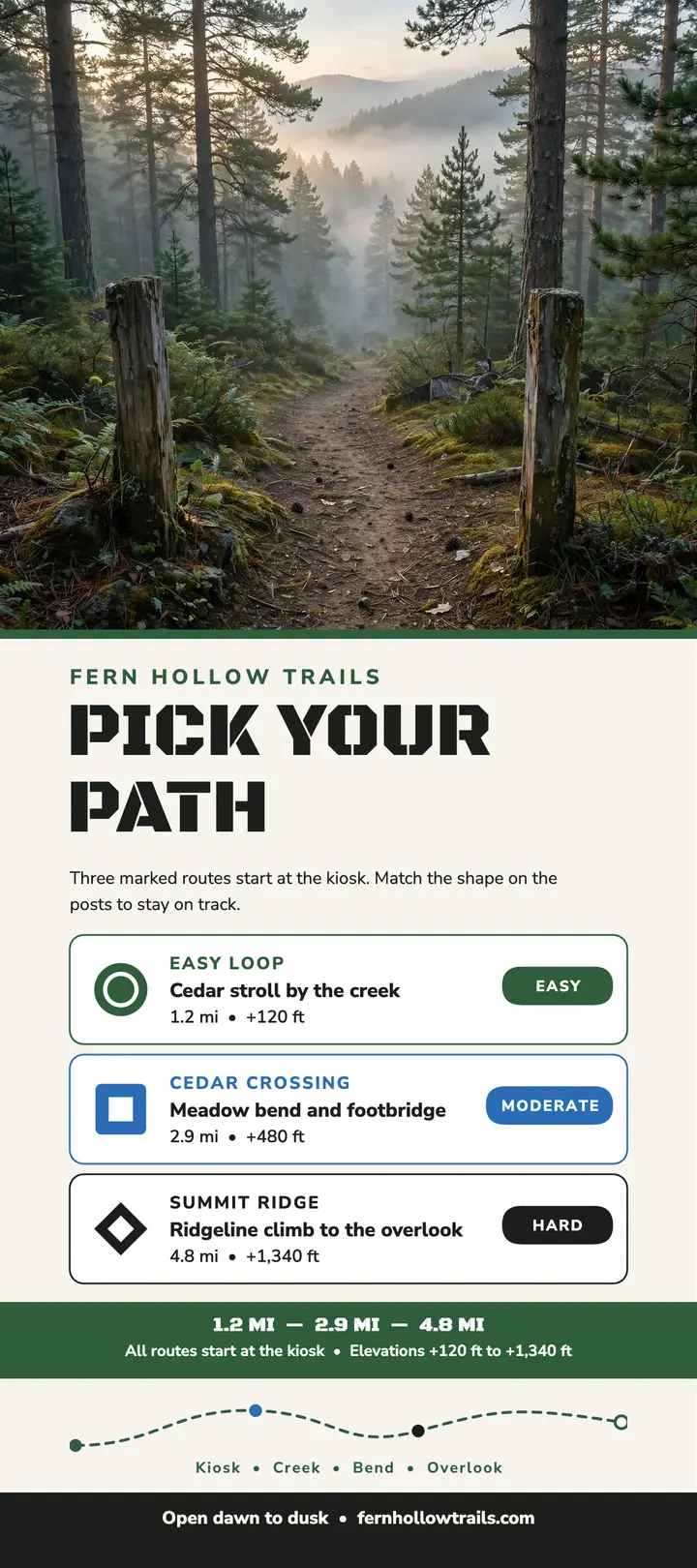 Fern Hollow trail picker rack card: trailhead rack card template