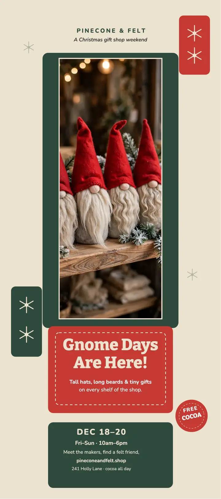 Pinecone and Felt gnome days rack card: gnome weekend rack card template