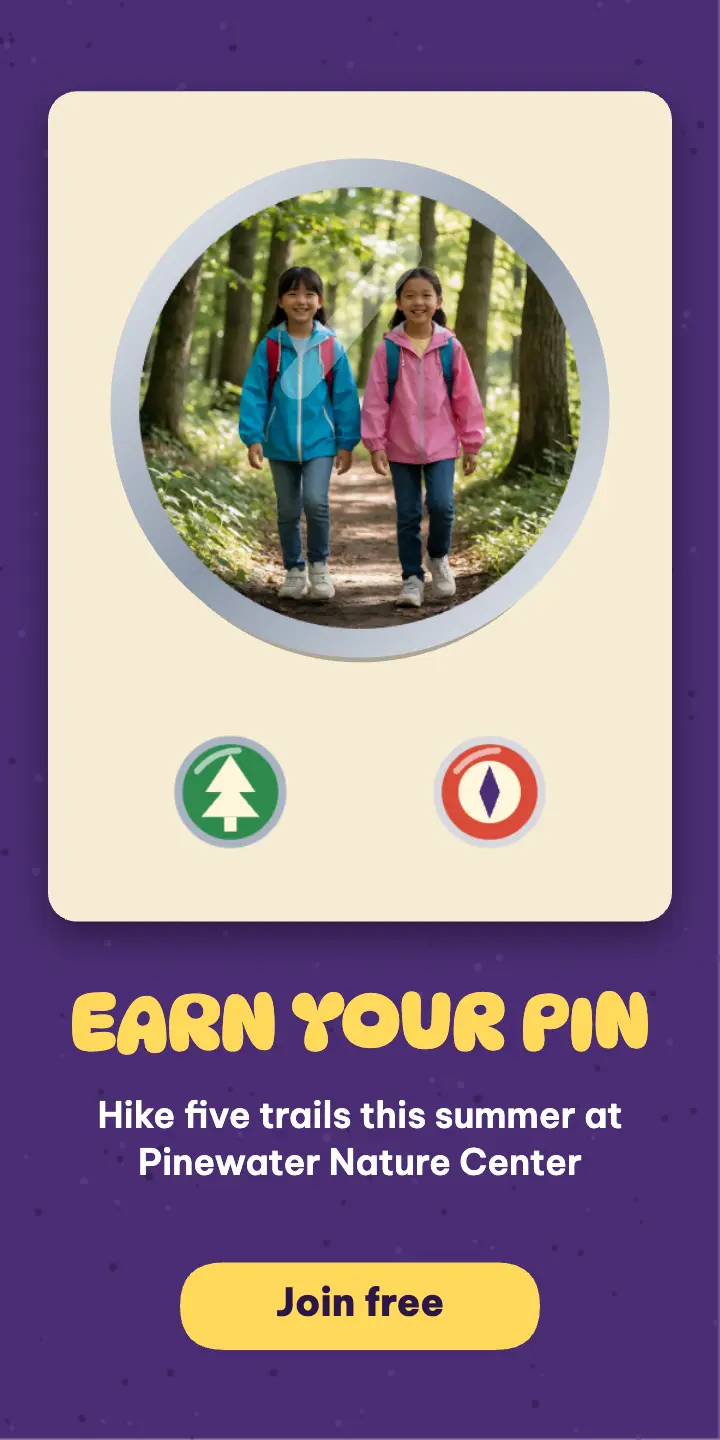 Pinewater Junior Explorer pin half-page ad, enamel pin: kids nature program ad template