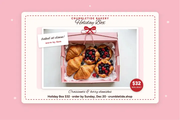 Crumbletide holiday bakery box postcard template